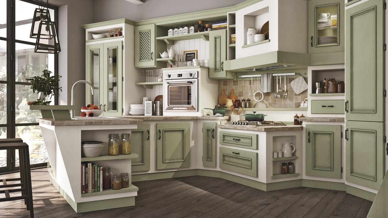 Cucine Borgo Antico - Beatrice - Composizione Laccato salvia, sfumatura marrone
