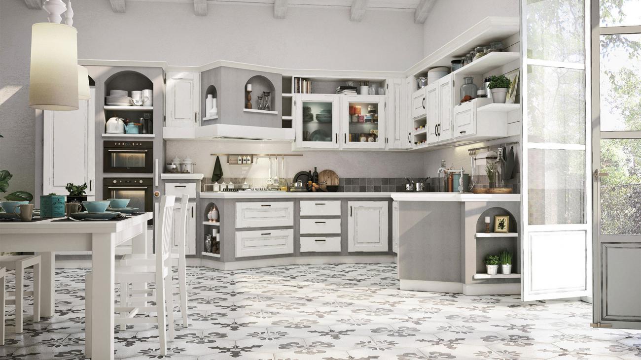 Cucine Borgo Antico - Onelia - Composizione Laccato bianco, sfumatura grigia
